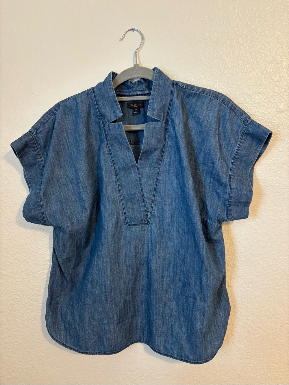 Talbots Mid-Blue Denim Short Sleeve V-Neck Shirt